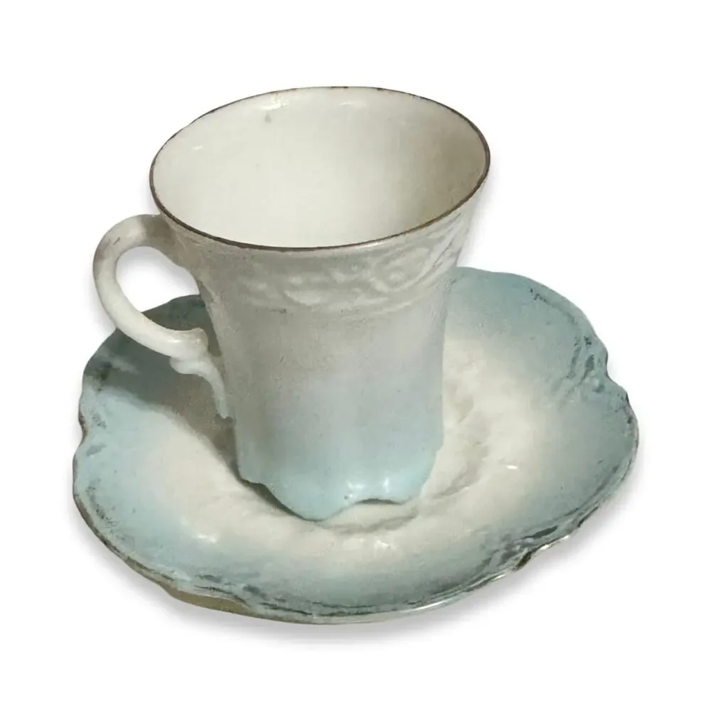 Antique Blue White Porcelain Footed Cup Saucer Embossed Lobed Scalloped
